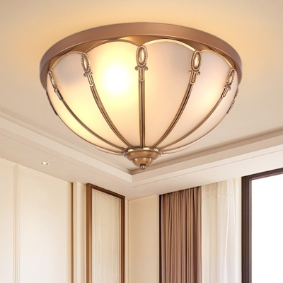 Brass 3/4 Heads Flush Mount Lamp Colonialism White Glass Scalloped Ceiling Light for Bedroom