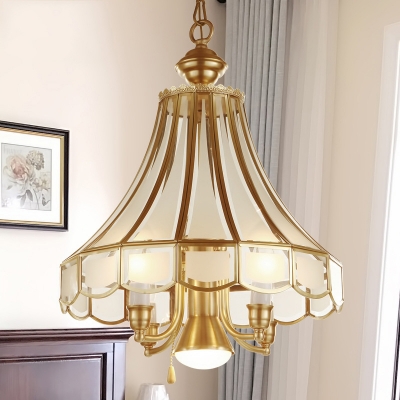 Brass Finish Bell Chandelier Lamp Traditional Frosted Glass 5-Light Suspension Lighting