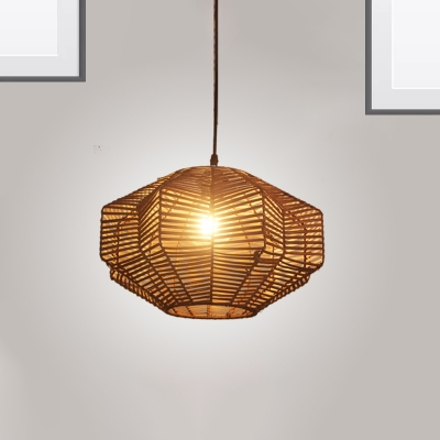 Brown Geometric Hanging Lamp Chinese Style Rattan Woven Pendant Lighting for Living Room