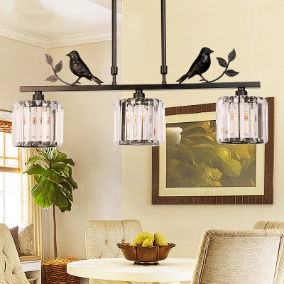 Clear Crystal Drum Shade Chandelier Lamp Modern 3 Heads Hanging Light Fixture with Bird Accent in Black/Gold