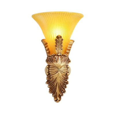 Colonial Flared Flush Mount 1 Head Prismatic Glass Wall Sconce Lighting in Gold for Hallway