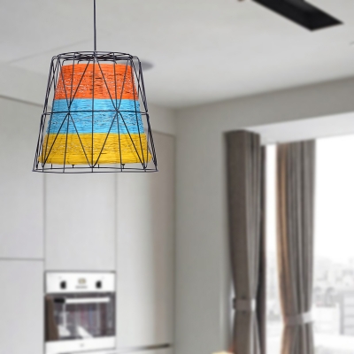 Country Wire Cage Pendant Light Metal and Rope 1 Head Indoor Hanging Lamp with Bucket Shade in White/Blue-Orange-Yellow
