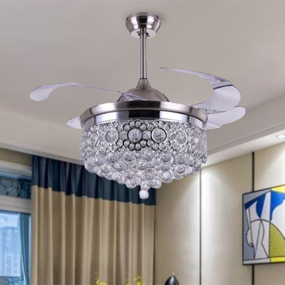 Crystal Ball Cascade Semi Flush Light Fixture Modern LED Silver Ceiling Fan Lamp for Living Room, Wall/Remote Control/Frequency Conversion