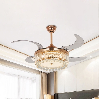 Crystal Drum Semi Flush Light Fixture Modern LED Gold Ceiling Fan Lamp for Dining Room, Wall/Remote Control/Frequency Conversion