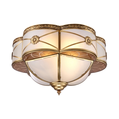 Curved Frosted Glass Brass Ceiling Flush Scallop 4 Heads Colonialist Flush Mount Lamp for Bedroom