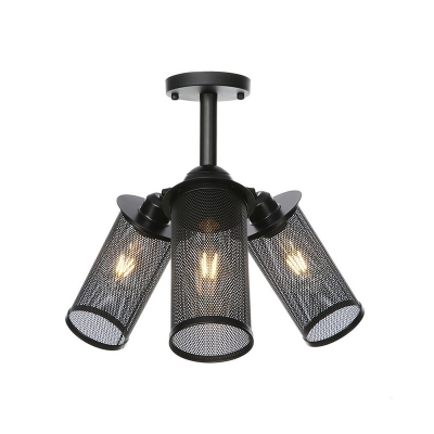 Cylinder/Lantern Ceiling Flush Mount Industrial Style Metal 3 Bulbs Black Semi Flush Ceiling Light with Mesh Screen