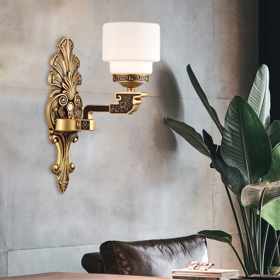 Drum Living Room Wall Sconce Vintage Stylish Milk Glass 1/2-Light Brass Finish Wall Lighting Fixture