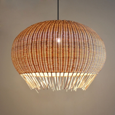 Handmade Globe Hanging Ceiling Light Asian Style Height Adjustable 1 Light Indoor Rattan Pendant Lamp in Wood