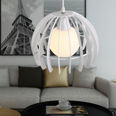 Iron Frame Dome Hanging Lamp Kit Modern 1 Head Black/White Pendant Lighting Fixture for Living Room