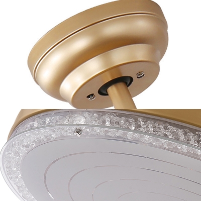 LED Bedroom Semi Flush Mount Light Gold Ceiling Fan Lamp with Round Crystal, Frequency Conversion/Remote Control/Wall Control