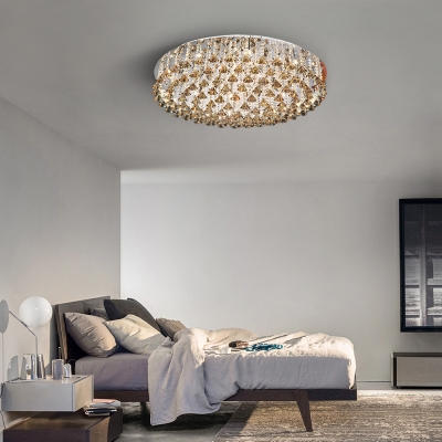 LED Living Room Flush Light Fixture Contemporary Nickel Ceiling Lamp with Round Crystal Strand