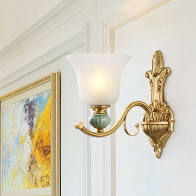Milk Glass Bell Wall Sconce Traditional Style 1/2-Light Bedside Gold Finish Wall Lamp with Ceramic Decoration