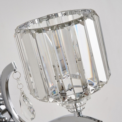 Modern Cylinder Sconce Light Fixture Rectangle-Cut Crystal 1 Light Bedroom Wall Light with Chrome Arm and Backplate