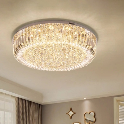 Modern Drum Flush Mount Light Fixture Clear Faceted Crystal Living Room LED Ceiling Light in Warm/White/3 Color Light