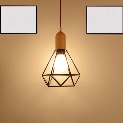 Pear/Diamond/Gourd Cage Pendant Lamp Fixture Metallic Vintage 1 Head Ceiling Hanging Light in Black