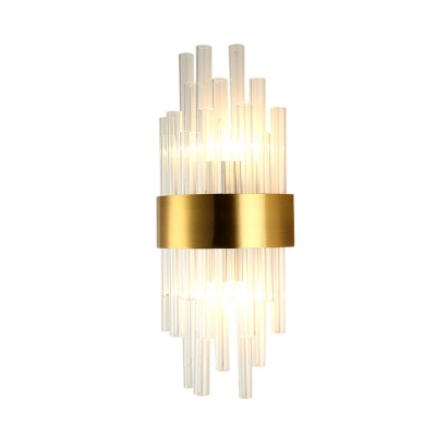 Postmodern Cylinder Wall Light Fixture Fluted Crystal 2 Heads Bedroom Sconce Lamp in Gold