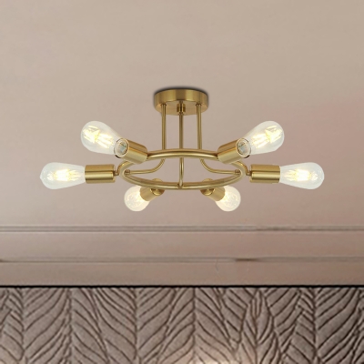 Round Semi Flush Light Industrial Metal 6 Lights Brass/Black Finish Ceiling Flush Mount with Open Bulb for Living Room