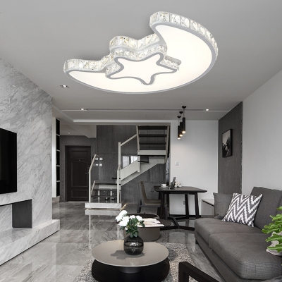 Star Moon Bedroom Flush Light Simple Style Crystal LED White Ceiling Light Fixture