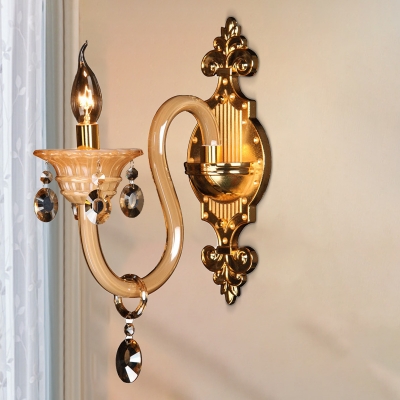 White Glass Brass Wall Mount Light Curved Arm 1 Head Traditional Sconce Light Fixture