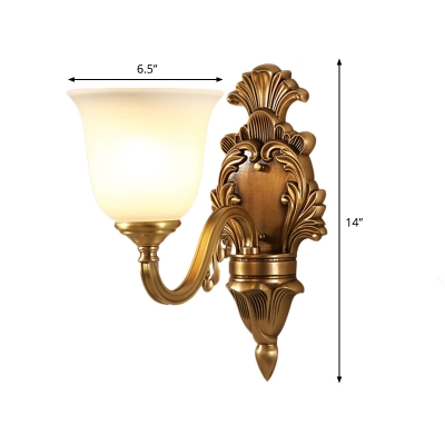 1/2-Bulb Wall Mount Lamp with Flared Shade Frosted Glass Vintage Stylish Bedroom Wall Lighting in Gold