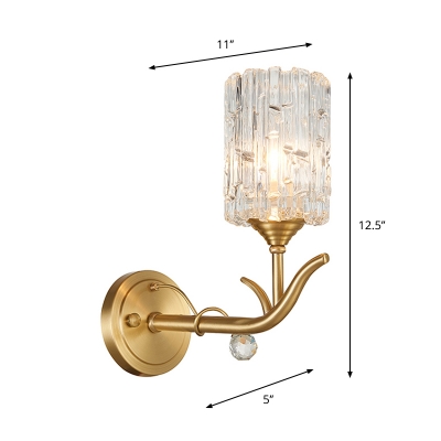 1/2-Head Corridor Wall Light Fixture Lodge Style Gold Finish Wall Sconce with Cylinder Clear Glass Shade