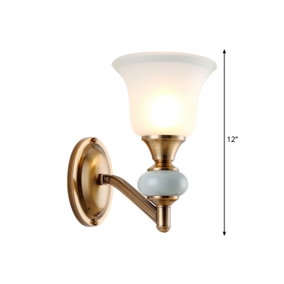 1/2-Light Bell Wall Mounted Light Vintage Style White Glass and Metallic Wall Sconce Fixture in Brass