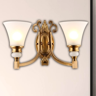 1/2-Light Flared Sconce Lamp Traditional Style White Glass Wall Lighting with Brass Curved Arm for Bedroom