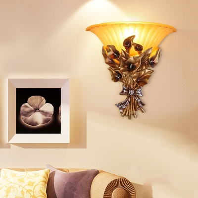 1 Bulb Sandblasted Glass Wall Light Vintage Style Golden Flared Sconce Light Fixture