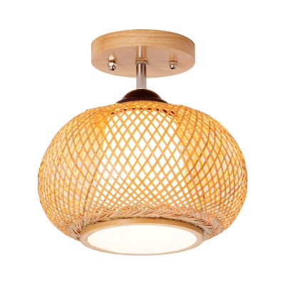 1 Head Bamboo Cage Ceiling Light Chinese Style Foyer Semi Flush Mount Light in Wood, 10/14/16 Inch Wide