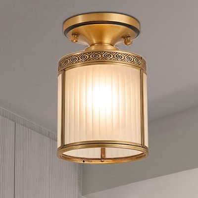 1-Light Opal Glass Flush Light Colonialist Brass Cylindrical Foyer Close to Ceiling Lighting