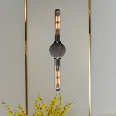 2 Heads Sconce Light Retro Style Tubular Metallic Wall Lamp in Black/Brass with Clear Glass Shade
