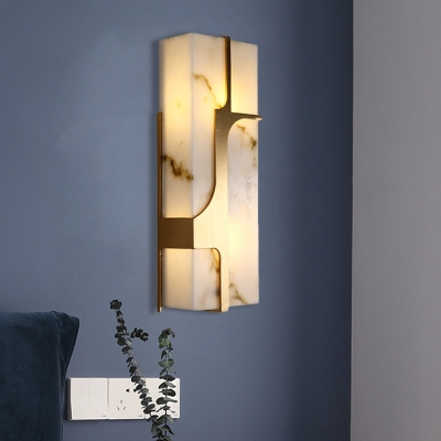 2-Light Flush Wall Sconce Colonial Living Room Wall Light Fixture with Rectangular Marble in Brass