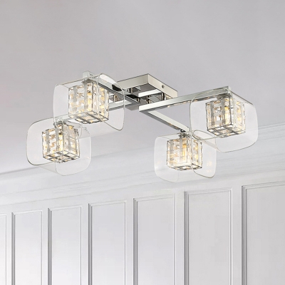 4/6 Lights Cube Semi Flush Lighting Glass and Metal Contemporary Ceiling Lamp for Living Room