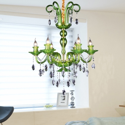 6 Lights Chandelier Lamp Traditional Candelabra Green Glass Hanging Light Fixture with Crystal Drip Decoration