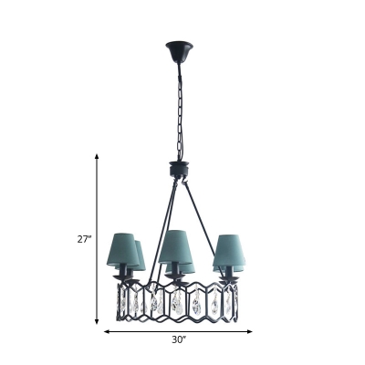 6 Lights Circular Pendant Light with Cone Shade and Crystal Accent Contemporary Chandelier Lamp in Black over Table