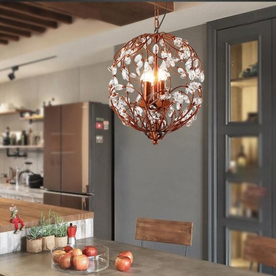 Black/Bronze Floral Hanging Pendant Light Traditional 3-Light Iron Suspension Lamp with Crystal Accent