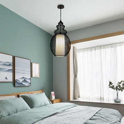 Black Round/Gourd/Lantern Pendant Ceiling Light Country Fabric 1 Light Living Room Hanging Lamp