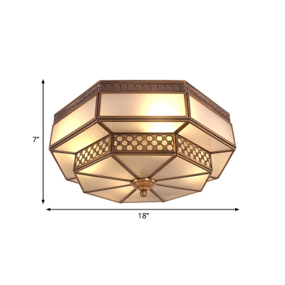 Brass 4 Heads Flush Mount Lamp Colonialism Sandblasted Glass Octagon Ceiling Fixture for Bedroom