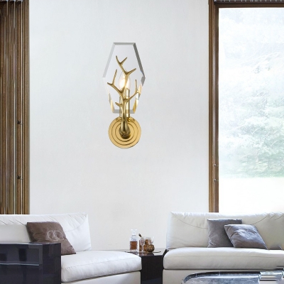 Clear 1 Light Wall Lighting Idea Modern Crystal Panel Sconce Light for Living Room with Antler Deco