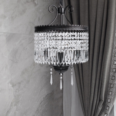 Clear Crystal Beaded Strand Pendant Light with Drum Shade Modernism 3 Lights Chandelier Lamp in Black