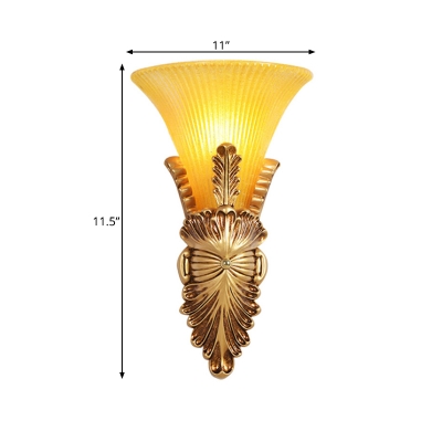 Colonial Flared Flush Mount 1 Head Prismatic Glass Wall Sconce Lighting in Gold for Hallway