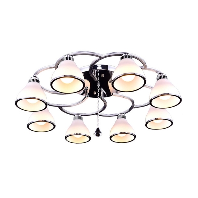 Conical Semi Flush Ceiling Light Simple Opal Glass 8 Lights Chrome Semi Mount Lighting for Living Room with Crystal Drop