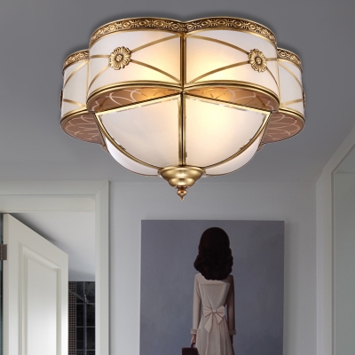 Curved Frosted Glass Brass Ceiling Flush Scallop 4 Heads Colonialist Flush Mount Lamp for Bedroom