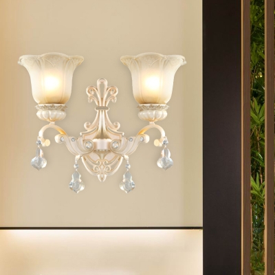 Floral Shaped Beige Glass Wall Mount Light Vintage 1/2 Lights Wall Sconce Light with Crystal Drop