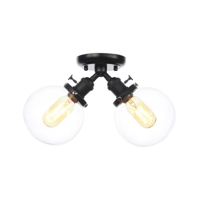 Global Semi Flush Mount Light Industrial Metal and Amber/Clear Glass 2 Heads Indoor Ceiling Lighting in Black/Bronze