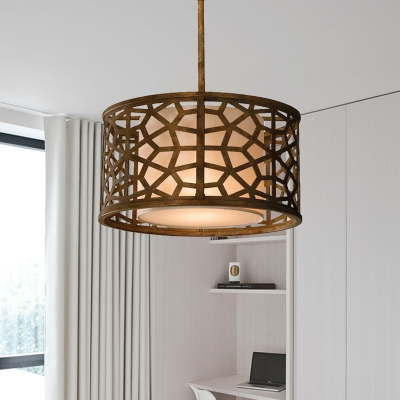 Golden Round Chandelier Pendant Traditional Metal 4-Light Ceiling Light Fixture with Fabric Shade