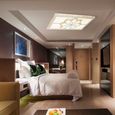 LED Rectangle Flush Mount Lamp Modern White Crystal Ceiling Mounted Fixture for Living Room in 3 Color Light