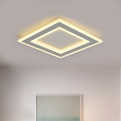 Minimalist LED Ceiling Lamp Metallic White Square Frame Flush Lighting in Warm/White Light