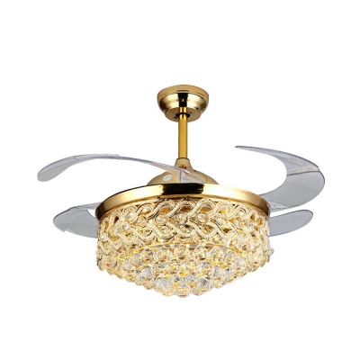 Modern Teardrop Crystal Ceiling Fan Light LED Semi Flush Mount Light Fixture in Gold/Chrome, Wall/Remote Control/Frequency Conversion