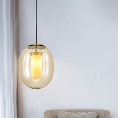 Oval Pendant Lamp Modernism Amber Glass 1 Head Gold Hanging Light Fixture, 7